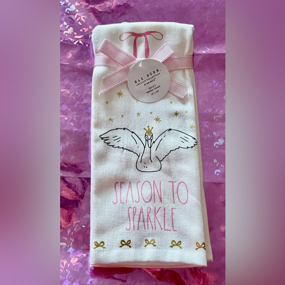 Rae Dunn White and Pink 'Season to Sparkle'  Swan Towel  The Artisan Collection